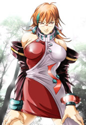 Rule 34 | 1girl, asymmetrical clothes, bare shoulders, bracelet, breasts, detached sleeves, dress, earrings, forest, glasses, jewelry, kz, kz-red, large breasts, looking at viewer, matching hair/eyes, multicolored hair, nature, orange eyes, orange hair, phantasy star, phantasy star online, red eyes, red ring rico, rico tyrell, sega, solo, thighs, two-tone hair