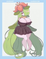 Rule 34 | 1girl, absurdly long hair, absurdres, aliceyawnin, bare shoulders, black dress, blush, breasts, closed eyes, creatures (company), dress, dress shirt, flower, frills, fusion, game freak, gardevoir, gen 3 pokemon, gen 5 pokemon, green hair, hair flower, hair ornament, highres, large breasts, lilligant, long hair, looking at viewer, nintendo, original, petals, pokemon, pokemon (creature), red eyes, shirt, simple background, smile, solo, thighs, very long hair