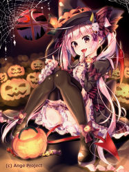 Rule 34 | 10s, 1girl, :d, ange vierge, bad id, bad pixiv id, black thighhighs, bow, brown eyes, candy, demon horns, demon tail, food, hair bow, hair ribbon, halloween, hat, holding, horns, jack-o&#039;-lantern, lollipop, long hair, looking at viewer, official art, open mouth, pink hair, ribbon, sakuragi ren, shoes, sitting, smile, solo, sophina, tail, thighhighs, twintails, witch hat