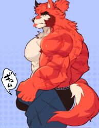 Rule 34 | 1boy, animal ears, ass, bara, black male underwear, bulge, dog boy, dog ears, dog tail, dressing, feet out of frame, forked eyebrows, from side, furry, furry male, highres, i&#039;ve never seen a guy recreate this successfully tbh (meme), large pectorals, male focus, male underwear, meme, muscular, muscular male, nipples, open pants, orange fur, original, pants, pants lift, pectorals, pochi (pochikungxd), precum, purple background, revision, short hair, solo, sweat, tail, thick arms, thick eyebrows, tongue, tongue out, topless male, translation request, undersized clothes, underwear