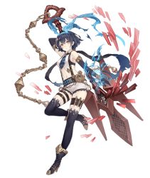 Rule 34 | 1girl, alice (sinoalice), ankle boots, armlet, blue hair, boots, chain, dark blue hair, elbow gloves, full body, gloves, hairband, high heel boots, high heels, ji no, looking at viewer, navel, necktie, official art, pocket watch, polearm, red eyes, short hair, short shorts, shorts, sinoalice, solo, suspenders, tattoo, thigh strap, transparent background, trident, watch, weapon