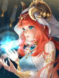 Rule 34 | 1girl, aqua eyes, blush, breasts, brooch, circlet, clothing cutout, floating hair, genshin impact, glowing, gold trim, gradient background, hands up, highres, horns, jewelry, lips, long sleeves, looking to the side, low twintails, medium breasts, neck ring, nilou (genshin impact), once1, parted lips, puffy long sleeves, puffy sleeves, red hair, sidelocks, smile, solo, sparkle background, twintails, twitter username, upper body, vambraces, veil