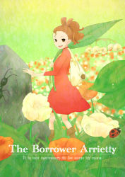 Rule 34 | 10s, 1girl, ant, arrietty, bag, bug, dress, female focus, flower, insect, karigurashi no arrietty, ladybug, lily of the valley, mini person, minigirl, nature, outdoors, plant, ponytail, red dress, rikuo (artist), rikuo (ikuran), solo, studio ghibli