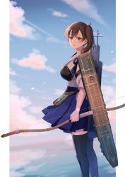 Rule 34 | 1girl, apron, blue hakama, bow, bow (weapon), brown eyes, brown hair, commentary request, feet out of frame, flight deck, hakama, hakama short skirt, hakama skirt, highres, holding, holding bow (weapon), holding weapon, japanese clothes, kaga (kancolle), kantai collection, long hair, looking at viewer, muneate, natsume (natsume melio), partial commentary, side ponytail, skirt, solo, standing, tasuki, thighhighs, weapon, yumi (bow)