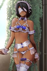 Rule 34 | 1girl, alternate color, arm garter, arms at sides, bare shoulders, black hair, blindfold, blue ribbon, bow, bow panties, bra, breasts, collar, collarbone, commentary, covered eyes, cowboy shot, dark-skinned female, dark skin, day, detached collar, door, english commentary, facing viewer, finalcake, frilled collar, frills, garter belt, hair between eyes, hair ornament, hair ribbon, hairband, heart-shaped lock, ivy, key, lace, lace bra, lace legwear, legs together, lingerie, lolita hairband, mole, mole under mouth, navel, neck ribbon, nier:automata, nier (series), nose, outdoors, overgrown, panties, parted lips, pink lips, plant, red bow, ribbon, short hair, skindentation, small breasts, solo, soul calibur, soulcalibur, soulcalibur vi, standing, stomach, string panties, thighhighs, thighs, underwear, underwear only, very dark skin, white blindfold, white hairband, white panties, white ribbon, white thighhighs, wrist cuffs, 2b (nier:automata), 2p (nier:automata)