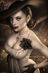 Rule 34 | 1girl, alcina dimitrescu, ayya sap, ayya sap, black gloves, blood, blood on face, breasts, cleavage, dress, earrings, flower, gloves, hand on own hip, hat, jewelry, looking at viewer, necklace, pearl necklace, resident evil, resident evil village, rose, short hair, solo, sun hat, tall, tall female, white dress, yellow eyes