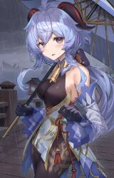 Rule 34 | 1girl, ahoge, bare shoulders, bell, black gloves, blue bow, blue gemstone, blue hair, blush, bodysuit, bodysuit under clothes, bow, breasts, bridge, cloud, cloudy sky, commentary request, detached sleeves, ganyu (genshin impact), gem, genshin impact, gloves, goat horns, grey sky, hair between eyes, hair bow, hands up, highres, holding, holding umbrella, hopepe, horns, large breasts, long hair, long sleeves, looking at viewer, neck bell, ocean, oil-paper umbrella, open mouth, outdoors, ponytail, purple eyes, rain, sidelocks, sky, smile, solo, standing, tongue, umbrella, vision (genshin impact), water, wide sleeves