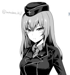 Rule 34 | 10s, 1girl, bad id, bad twitter id, closed mouth, commentary, dress shirt, emblem, frown, garrison cap, girls und panzer, greyscale, hat, itsumi erika, jacket, kuromorimine military uniform, long hair, long sleeves, looking at viewer, military, military hat, military uniform, monochrome, nakasone haiji, one-hour drawing challenge, shirt, solo, standing, twitter username, uniform, upper body, wing collar