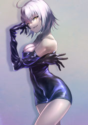 Rule 34 | 1girl, ahoge, bare shoulders, black dress, black gloves, breasts, dress, elbow gloves, fate/grand order, fate (series), gloves, grin, hair between eyes, jeanne d&#039;arc (fate), jeanne d&#039;arc alter (fate), jeanne d&#039;arc alter (ver. shinjuku 1999) (fate), kainown, large breasts, leather, leather gloves, looking at viewer, official alternate costume, short dress, short hair, silver hair, smile, smirk, solo, strapless, strapless dress, wicked dragon witch ver. shinjuku 1999, yellow eyes