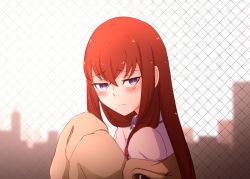 Rule 34 | 1girl, blush, brown hair, chain-link fence, deredereday, fence, jacket, long hair, looking at viewer, makise kurisu, necktie, outdoors, red hair, red necktie, rooftop, shirt, solo, steins;gate