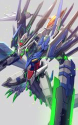Rule 34 | 00 raiser, arm blade, dragon, from above, glowing, glowing eyes, green eyes, grey background, gundam, gundam 00, highres, kenko (a143016), mecha, mechanical tail, no humans, open mouth, redesign, robot, science fiction, solo, tail, weapon