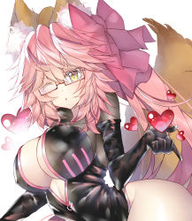 Rule 34 | 1girl, animal ears, bad id, bad pixiv id, bow, breasts, cleavage, fate/grand order, fate (series), fox ears, fox tail, glasses, hair bow, heart, highres, impossible clothes, koyanskaya (assassin) (first ascension) (fate), koyanskaya (fate), large breasts, long hair, looking at viewer, looking down, one eye closed, open mouth, pink hair, solo, tail, tamamo (fate), very long hair, yellow eyes