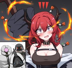 Rule 34 | 2girls, arknights, armor, big bob (arknights), black dress, black jacket, blush, breasts, chest strap, cleavage, collarbone, dart, demon girl, demon horns, detached collar, dress, golem, highres, holiday (pangjelly), horns, jacket, large breasts, long hair, mudrock (arknights), mudrock colossus (arknights), multiple girls, off shoulder, open clothes, open jacket, open mouth, purple eyes, red hair, sleeveless, sleeveless dress, surtr (arknights)