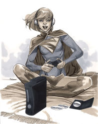 Rule 34 | 1girl, alien, blonde hair, cape, controller, dc comics, disk, game, headphones, indian style, kryptonian, leotard, red cape, rug, s shield, sitting, solo, supergirl, superman (series)