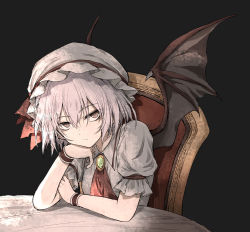 Rule 34 | 1girl, :/, absurdres, ascot, bat wings, brooch, brown eyes, chain, commentary request, expressionless, hat, hat ribbon, highres, jewelry, mob cap, on chair, pink hat, pink shirt, puffy short sleeves, puffy sleeves, purple hair, red ascot, red ribbon, remilia scarlet, ribbon, shimoda masaya, shirt, short hair, short sleeves, sitting, solo, table, touhou, upper body, wings, wristband