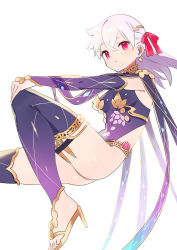 Rule 34 | 1girl, armlet, armor, bare shoulders, bikini armor, blush, bracelet, breasts, circlet, collar, detached sleeves, dress, earrings, fate/grand order, fate (series), floating, floral print, hair ribbon, highres, jewelry, kama (fate), kama (first ascension) (fate), kama (second ascension) (fate), large breasts, legs, long hair, looking at viewer, metal collar, pelvic curtain, purple dress, purple sleeves, purple thighhighs, red eyes, red ribbon, revision, ribbon, silver hair, thighhighs, thighlet, zenshin