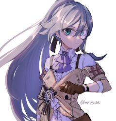 Rule 34 | 1girl, ascot, blue eyes, brown gloves, brown jacket, closed mouth, collared shirt, fu hua, fu hua (hawk of the fog), fu hua (valkyrie accipiter), gloves, grey hair, hair between eyes, highres, honkai (series), honkai impact 3rd, jacket, long hair, long sleeves, looking at viewer, mmhy hk, monocle, ponytail, purple ascot, shirt, simple background, solo, twitter username, upper body, very long hair, white background, white shirt