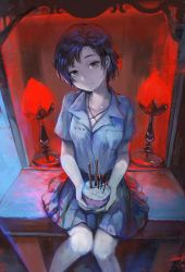 Rule 34 | 1girl, candle, detention (game), fang ray shin, food, looking at viewer, pleated skirt, religious offering, school uniform, short sleeves, sibyl, sitting, skirt, solo