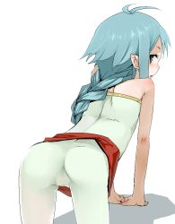 Rule 34 | 1girl, antenna hair, arm support, ass, bare shoulders, bent over, blue eyes, blue hair, bodystocking, braid, braided ponytail, cameltoe, fat mons, from behind, looking back, matching hair/eyes, oekaki, original, pointy ears, sideways mouth, single braid, skin tight, solo, sylphie (minami juujisei), ume (datsuryokugen)