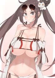 Rule 34 | 1girl, akitokage, arm behind back, bare shoulders, bikini, blush, breasts, brown eyes, brown hair, cleavage, collarbone, earrings, eyewear on head, fate/grand order, fate (series), hair ornament, highres, jewelry, large breasts, long hair, looking at viewer, multiple earrings, navel, open clothes, robe, solo, sunglasses, swimsuit, thighs, twintails, very long hair, white bikini, yu mei-ren (fate), yu mei-ren (swimsuit lancer) (fate)