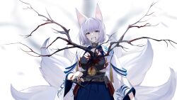 1girl animal_ears azur_lane blood blood_from_mouth blood_on_clothes blue_eyes blunt_bangs branch breasts choker cleavage fox_ears fox_girl fox_tail game_cg highres japanese_clothes kaga_(azur_lane) kimono kitsune kyuubi long_sleeves medium_breasts medium_eyebrows multiple_tails non-web_source official_art open_mouth short_hair solo tail white_hair wide_sleeves withered