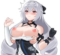 Rule 34 | 1girl, 1other, aircell, bare shoulders, black gloves, black hair, blush, breasts, bronya zaychik, bronya zaychik (silverwing: n-ex), closed mouth, clothes pull, disembodied hand, dress pull, fingernails, gloves, hair between eyes, highres, honkai (series), honkai impact 3rd, large breasts, long hair, nipples, presenting another, pulling another&#039;s clothes, shirt pull, silver hair, simple background, single glove, solo focus, upper body, white background