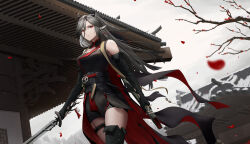 Rule 34 | 1girl, absurdres, animal ears, antlers, architecture, arknights, bare shoulders, belt, belt buckle, black dress, black gloves, black hair, black thighhighs, breasts, buckle, cape, cloud, cloudy sky, cowboy shot, day, deer antlers, deer ears, deer girl, dress, east asian architecture, elbow gloves, gloves, hair between eyes, highres, holding, holding sword, holding weapon, horns, large breasts, long hair, looking at viewer, one side up, outdoors, parted lips, partially fingerless gloves, petals, qiubai (arknights), red cape, ressec, sheath, single thighhigh, sky, solo, sword, thighhighs, tree, very long hair, weapon