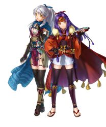 Rule 34 | 2girls, arm guards, black gloves, black thighhighs, fingerless gloves, fire emblem, fire emblem: radiant dawn, fire emblem heroes, gloves, hair ribbon, hand on own chest, headband, highres, holding, holding scroll, japanese clothes, kita senri, long hair, looking at viewer, micaiah (fire emblem), micaiah (ninja) (fire emblem), multiple girls, ninja, nintendo, non-web source, official alternate costume, official alternate hairstyle, official art, ponytail, purple hair, ribbon, sanaki kirsch altina, sanaki kirsch altina (ninja), scarf, scroll, smile, thighhighs, white background, white hair, yellow eyes, zettai ryouiki