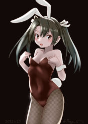 Rule 34 | 1girl, animal ears, breasts, brown eyes, brown leotard, commentary request, cowboy shot, dark green hair, fishnet pantyhose, fishnets, kantai collection, leotard, long hair, one-hour drawing challenge, pantyhose, playboy bunny, rabbit ears, rabbit tail, ray.s, small breasts, solo, strapless, strapless leotard, tail, twintails, wrist cuffs, zuikaku (kancolle)