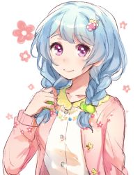 Rule 34 | 1girl, alternate hairstyle, bang dream!, blue hair, braid, cardigan, collarbone, floral background, floral print, flower, hair flower, hair ornament, hair over shoulder, hairpin, holding, holding own hair, komachi narota, light blue hair, long hair, long sleeves, looking at viewer, matsubara kanon, pink cardigan, pom pom (clothes), purple eyes, shirt, sketch, smile, solo, twin braids, upper body, white shirt