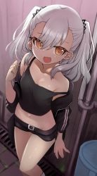 Rule 34 | 1girl, bare shoulders, copyright request, dark-skinned female, dark skin, fang, highres, izuoku, jacket, looking at viewer, navel, open clothes, open jacket, open mouth, short shorts, shorts, silver hair, skin fang, smile, solo, twintails, yellow eyes
