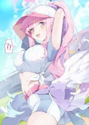 Rule 34 | !?, 1girl, absurdres, alternate costume, alternate hairstyle, arms behind head, arms up, baseball cap, baseball uniform, belt, blue archive, blue sky, blush, cowboy shot, day, feathered wings, halo, hat, highres, low wings, meunhongcha, midriff, mika (blue archive), navel, open mouth, pink belt, pink hair, pink halo, ponytail, shirt, short sleeves, shorts, sky, smile, solo, spoken interrobang, sportswear, sweat, tied shirt, white shirt, white shorts, white wings, wing ornament, wings, yellow eyes