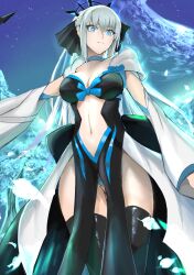 Rule 34 | 1girl, black dress, black ribbon, black thighhighs, blue eyes, braid, breasts, cleavage, closed mouth, clothing cutout, commentary request, dress, fate/grand order, fate (series), french braid, fujibori, grey hair, hair between eyes, hair ribbon, highres, large breasts, long hair, looking at viewer, morgan le fay (fate), pelvic curtain, petals, ponytail, ribbon, sidelocks, solo, stomach cutout, thighhighs, tiara, two-tone dress, very long hair, white dress