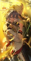 1boy :p absurdres arm_on_own_head arm_up backlighting belt bent_v bishounen black_choker black_pants blue_eyes chain_belt choker closed_mouth cowboy_shot double-parted_bangs dutch_angle ensemble_stars! grey_hair hair_between_eyes hair_over_shoulder half-closed_eyes highres holding holding_microphone jacket lapel_chain lapel_pin light_smile long_sleeves looking_at_viewer looking_to_the_side loose_belt male_focus microphone multicolored_clothes multicolored_jacket multicolored_pants open_clothes open_jacket pants ponytail shiina_niki shirt solo stage_lights standing teeth tongue tongue_out upper_teeth_only utkw_n v white_jacket white_pants white_shirt yellow_theme