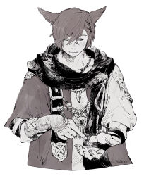 Rule 34 | 1boy, animal ears, black scarf, brown hair, cat ears, closed eyes, collarbone, cropped torso, dated, elbow gloves, facial mark, facing viewer, final fantasy, final fantasy xiv, fingerless gloves, g&#039;raha tia, gloves, hair ornament, itowo (itowc), jacket, jewelry, male focus, miqo&#039;te, monochrome, necklace, parted lips, pointing, scarf, sepia, short hair, shoulder belt, signature, simple background, solo, straight-on, swept bangs, upper body, white background, x hair ornament