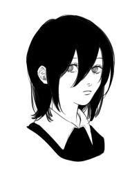 Rule 34 | 1girl, ajo cnsw, black hair, chainsaw man, greyscale, hair between eyes, looking at viewer, monochrome, nayuta (chainsaw man), short hair, solo, upper body