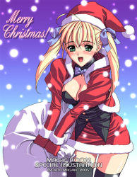 Rule 34 | 00s, 1girl, 2005, :d, ahoge, aqua eyes, artist name, black thighhighs, blonde hair, blush, breasts, christmas, cleavage, cowboy shot, gloves, gradient background, hair ribbon, hat, large breasts, long hair, long sleeves, magaki ryouta, merry christmas, open mouth, original, red gloves, ribbon, sack, santa costume, santa hat, smile, snowing, solo, thighhighs, twintails, zettai ryouiki