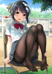 Rule 34 | 10s, 1girl, :d, black hair, black pantyhose, blue sky, blush, bow, bowtie, brown eyes, building, chair, cloud, collared shirt, commentary request, convenient censoring, convenient leg, dappled sunlight, day, feet, full body, grass, grey skirt, hair ribbon, kase daiki, kimi no na wa., knees up, looking at viewer, miyamizu mitsuha, no shoes, open mouth, outdoors, pantyhose, plant, red bow, red bowtie, red ribbon, ribbon, round teeth, school, shadow, shirt, short sleeves, skirt, sky, smile, solo, sunlight, tareme, teeth, thighband pantyhose, toes, tree, white shirt, wing collar