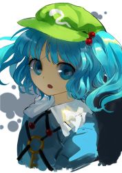 Rule 34 | 1girl, :o, backpack, bag, blue eyes, blue hair, hair bobbles, hair ornament, highres, kawashiro nitori, key, looking at viewer, open mouth, short hair, solo, suna (s73d), touhou, two side up, upper body