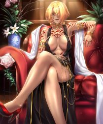 Rule 34 | 00s, 1girl, armlet, bare shoulders, black dress, blonde hair, blue rabbit, bracelet, breasts, center opening, chain, couch, covered erect nipples, crossed legs, dark-skinned female, dark skin, dress, fangs, female focus, flower, gara ayuri, hair over one eye, high heels, highres, jewelry, lilith-soft, looking at viewer, open mouth, plant, red eyes, red footwear, revealing clothes, ring, shoes, short hair, sitting, sleeveless, sleeveless dress, smile, solo, taimanin (series), taimanin asagi, taimanin asagi kessen arena, tan, tattoo