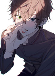 Rule 34 | 1boy, alban knox, black shirt, brown hair, collared shirt, commentary, crossed bangs, dress shirt, english commentary, eyelashes, fellatio gesture, green eyes, grey eyes, hair between eyes, hand up, heterochromia, highres, looking at viewer, male focus, nijisanji, nijisanji en, open mouth, sexually suggestive, shirt, short hair, sidelocks, simple background, smile, solo, tongue, tongue out, virtual youtuber, white background, yongcheol