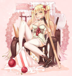 Rule 34 | 1girl, alternate color, bad id, bad pixiv id, blonde hair, blush, breasts, cake, cherry, chocolate, chocolate on foot, cleavage, creatures (company), dk.senie, feet, food, fruit, game freak, gen 6 pokemon, long hair, looking at viewer, nintendo, no shoes, original, personification, pocky, pokemon, shiny pokemon, sitting, slurpuff, smile, solo, thighhighs, toes, tongue, tongue out, twintails, very long hair, white thighhighs, yellow eyes