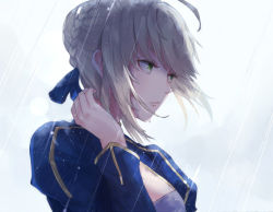 Rule 34 | 1girl, ahoge, artoria pendragon (all), artoria pendragon (fate), blonde hair, blue ribbon, braid, closed mouth, dripping, eyelashes, fate/stay night, fate (series), floating hair, from side, green eyes, hair ribbon, kachiino, lens flare, long sleeves, looking away, motion blur, puffy sleeves, rain, ribbon, saber (fate), shade, sidelocks, solo, upper body, wet, wet hair, wind