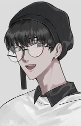 Rule 34 | 1boy, black hair, black headwear, black shirt, collared shirt, fangs, glasses, grey background, kim dokja, light smile, looking at viewer, male focus, omniscient reader&#039;s viewpoint, open mouth, portrait, shirt, short hair, solo, sweater, white sweater, yjh lawyer