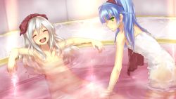 Rule 34 | 2girls, :d, ^ ^, ar nosurge, bathing, blue hair, casty rianoit, casty riernoit, closed eyes, closed eyes, flat chest, game cg, green eyes, hair between eyes, hair censor, hair over breasts, leaning forward, looking at viewer, multiple girls, navel, ntny, nude, open mouth, outstretched arms, partially submerged, sarly planck, silver hair, sitting, smile, steam, surge concerto, towel, towel on head