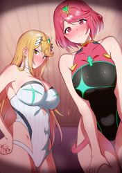 Rule 34 | 2girls, amano don, bare shoulders, black one-piece swimsuit, blonde hair, blush, breasts, cleavage, covered navel, dual persona, female focus, highres, large breasts, long hair, looking at viewer, matching hair/eyes, multiple girls, mythra (radiant beach) (xenoblade), mythra (xenoblade), one-piece swimsuit, pyra (pro swimmer) (xenoblade), pyra (xenoblade), red eyes, red hair, short hair, smile, swimsuit, thighs, white one-piece swimsuit, xenoblade chronicles (series), xenoblade chronicles 2, yellow eyes