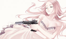 Rule 34 | 1girl, bad id, bad pixiv id, blonde hair, breasts, cleavage, closed eyes, gun, hamada youho, handgun, long hair, original, pistol, semi-automatic firearm, simple background, smile, smith &amp; wesson, solo, strap slip, suppressor, trigger discipline, weapon