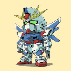 Rule 34 | 10s, armor, arms at sides, build strike gundam, clenched hands, full body, green eyes, gundam, gundam build fighters, mecha, no humans, robot, sd gundam, simple background, standing, tanaka hidetomo, yellow background