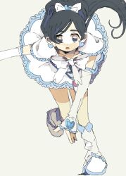 Rule 34 | 1girl, black hair, blue eyes, blue hair, boots, bow, bowtie, brown background, collarbone, cure white, detached sleeves, dress, earrings, frown, futari wa precure, heart, heart earrings, highres, jewelry, knee boots, leaning forward, long hair, looking at viewer, magical girl, meimeiner, multicolored hair, open mouth, petticoat, precure, short sleeves, simple background, sleeves past wrists, solo, standing, standing on one leg, streaked hair, white bow, white bowtie, white dress, white footwear, wide-eyed, yukishiro honoka
