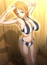 Rule 34 | 1girl, armpits, arms up, bare shoulders, bikini, breasts, brown eyes, cahlacahla, cleavage, highres, hip focus, large breasts, legs, looking at viewer, nami (one piece), navel, one piece, one piece: strong world, orange hair, shadow, short hair, smile, solo, standing, swimsuit, thighs, tongue, tongue out, wall